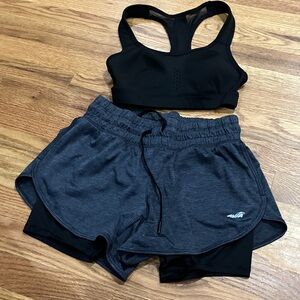 Avia Women's Black Sports Bra with Charcoal Layered Running Shorts Sz XS EUC